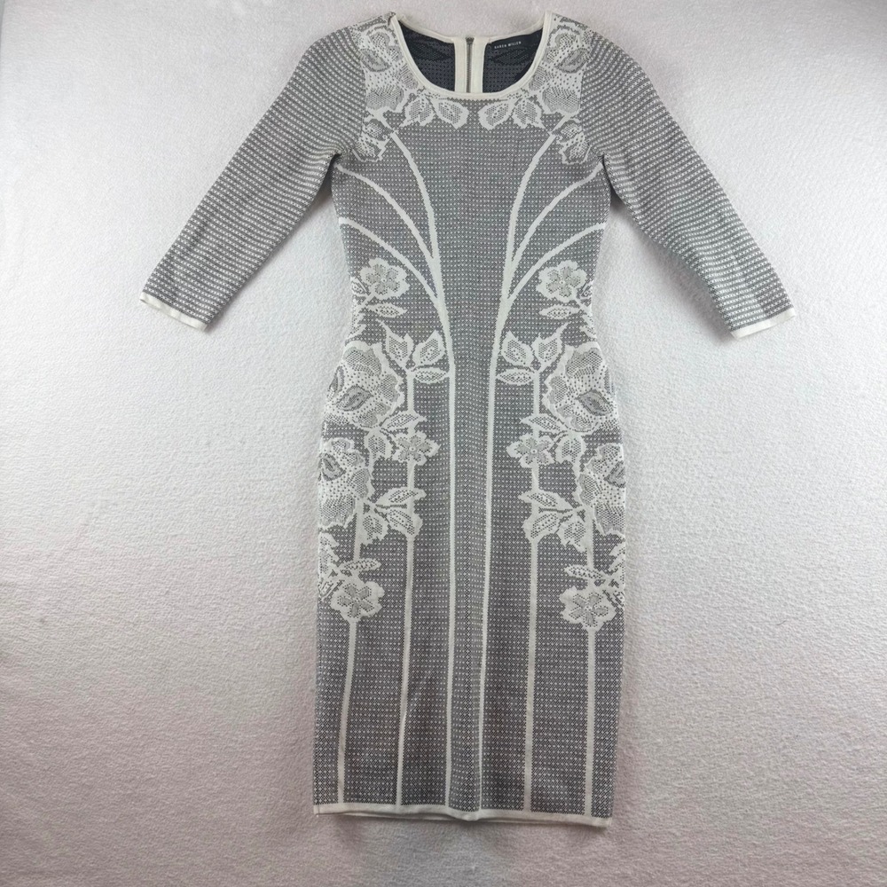 Karen Millen Black White Floral Jacquard Knit Sheath Bodycon Dress Size 1 US 4